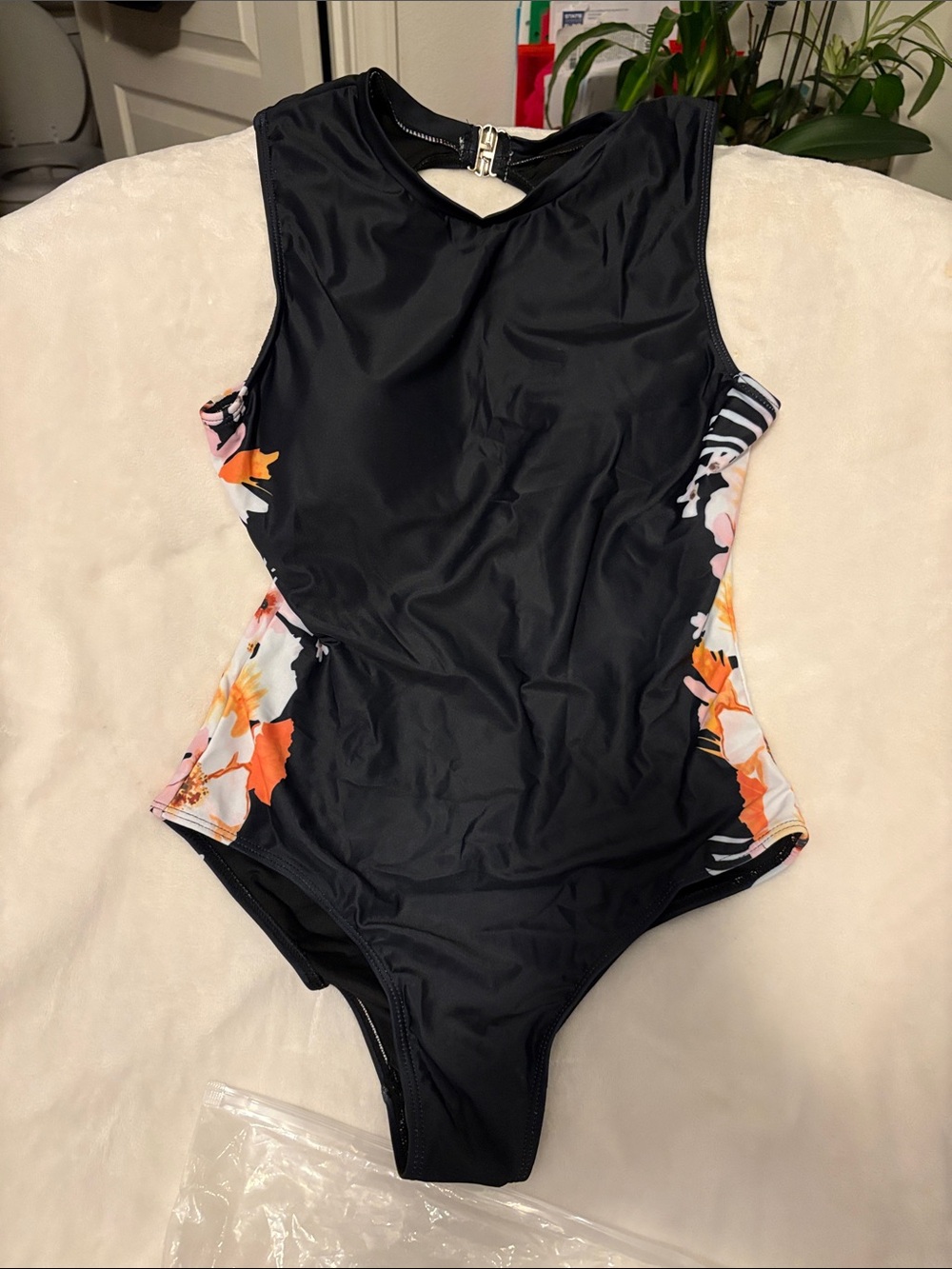 Women’s Floral-Side Black One-Piece Swimsuit